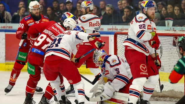Connor Corcoran wird mit Bourke, Tolvanen, Robertson (v. li.) und Co. vorm Bulls-Kasten ...
